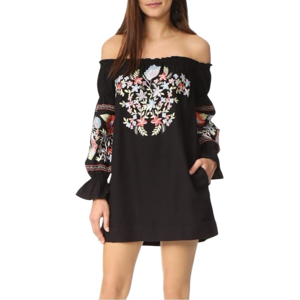 FREE PEOPLE Fleur du Jour Embroidered Off-Shoulder Dress in Black Size Medium